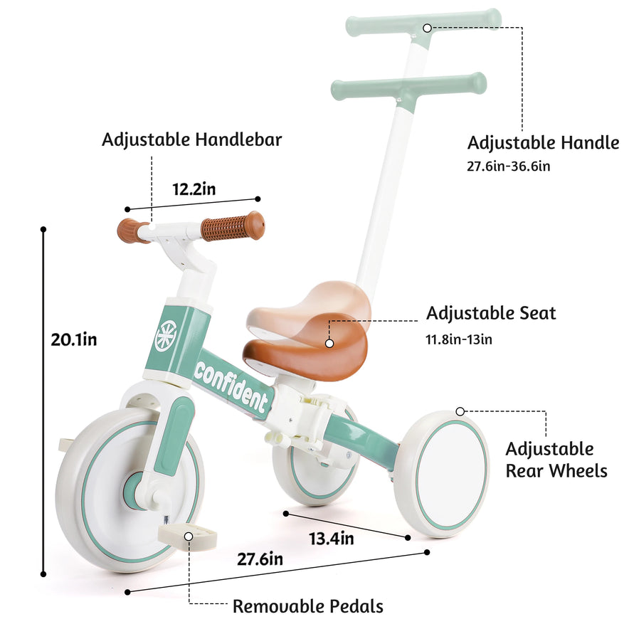 The Baby Balance Bike for Kids 1 to 3 Years Old Toddler Trike features a green and white design, adjustable handlebar and seat, rear wheels, removable pedals, and measures 27.6 L x 20.1 H x 12.2 W—ideal for your child’s first ride.