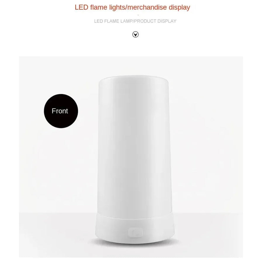 A white cylindrical Simulated Flame LED Night Light is displayed against a plain backdrop, highlighting its realistic flame effect. At the top, the text reads LED flame lights/merchandise display. The lamp is shown elegantly from the front.