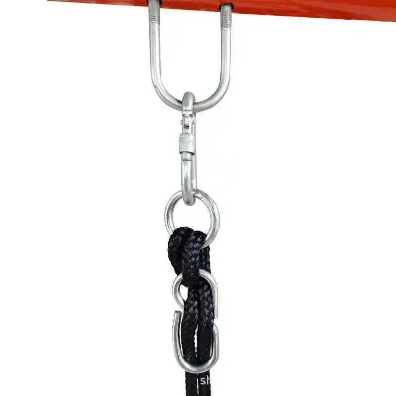 Close-up of a metal hook and carabiner securing a black rope to an orange bar, showcasing the sturdy suspension of the Diameter 100CM Round Nest Rope Swing Indoor Outdoor Hanging Chair for climbing, exercise, and play.