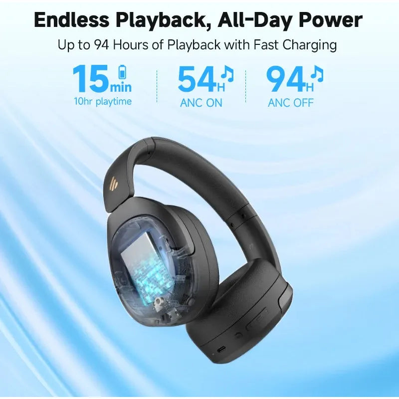An image promoting the Edifier W830NB Wireless Headphones presents their sleek design with 94 hours playback without ANC, 54 hours with ANC, and a 10-hour playtime from a 15-minute charge. These black Bluetooth headphones include visible earcup controls for easy use.