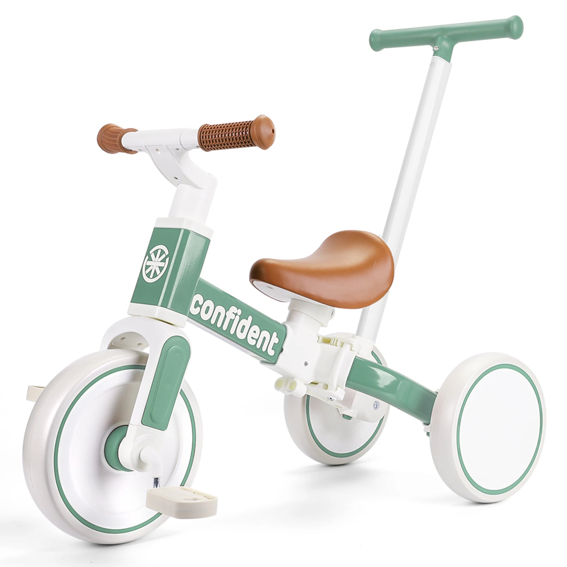The green Baby Balance Bike for Kids 1 to 3 Years Old is a toddler trike with a parent steering push handle, three wheels, and a comfortable seat—perfect as a Christmas or birthday gift for little adventurers.