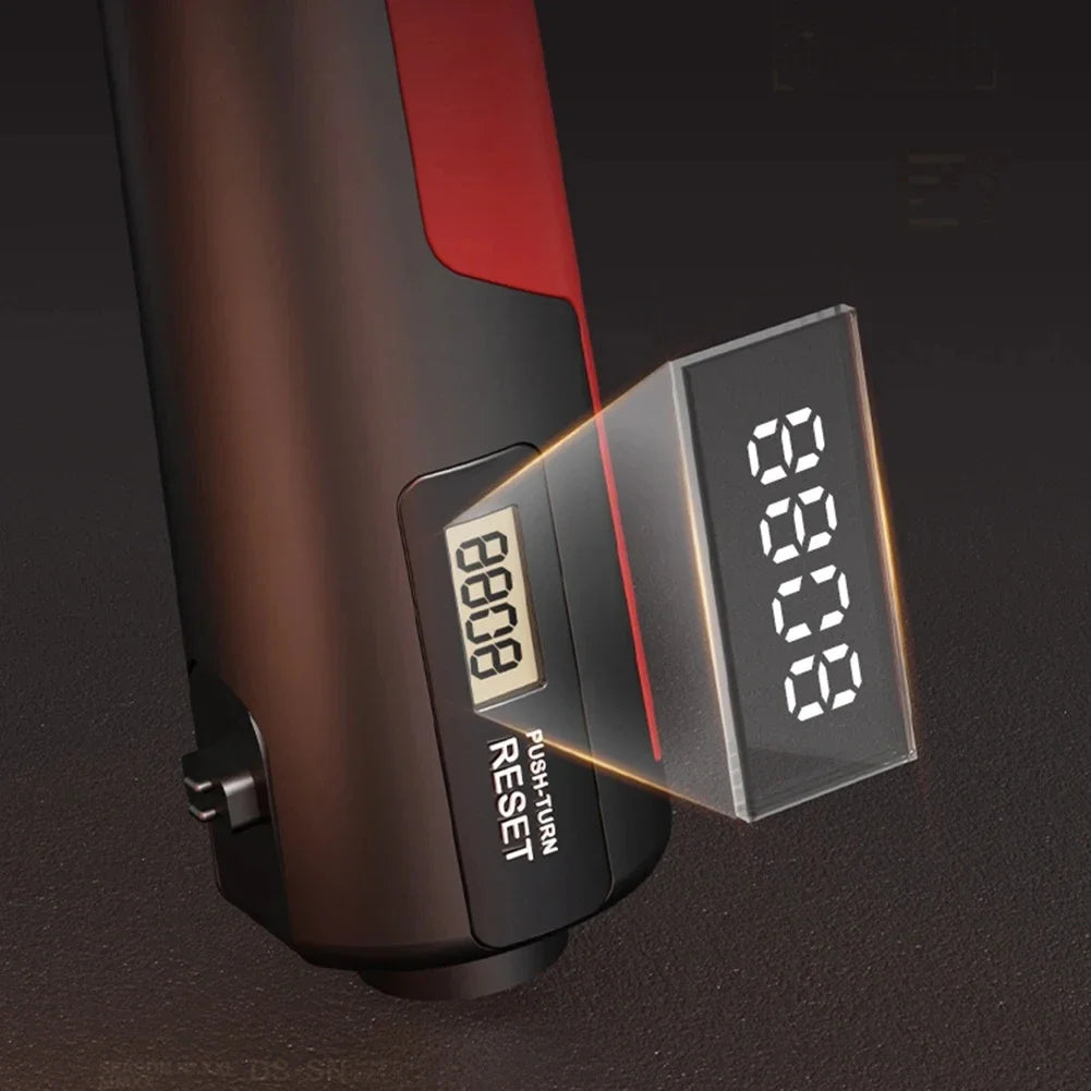 A detailed view of a black and red Hand Gripper for Muscle Development and Fitness Workouts highlights numbers 8-8-8-8 on its display. The zoom emphasizes clarity, with Push, Turn, Reset inscribed on the side, resembling a digital combination lock.