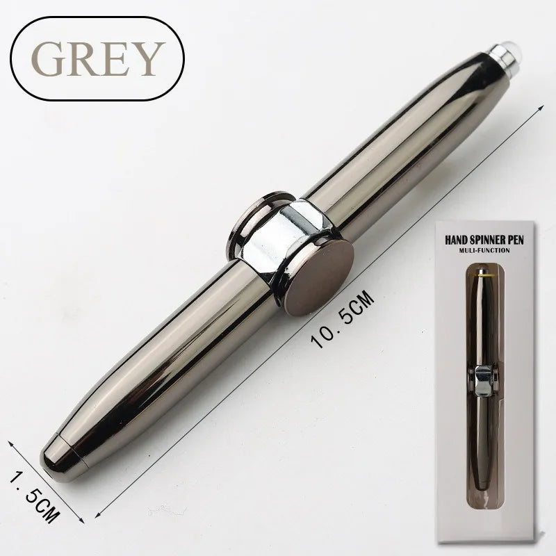 Set of 4 rechargeable grey metal fidget pens with LED and built-in spinner, each crafted for anxiety relief and multi-functional use. Shown packaged as Hand Spinner Pen Multi-Function with brand displayed for easy ID; size: 10.5 cm × 1.5 cm.