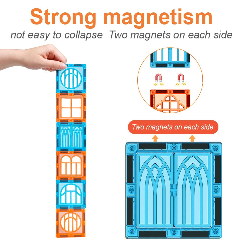 A hand displays a vertical stack of Creative Magnetic Building Blocks, highlighting their strong magnetism. Two magnets are visible per side, featuring blue and orange tiles with window designs that enhance the sets educational appeal.