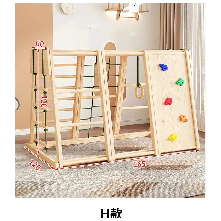 The Indoor Wooden Climbing Frame for Kids, featuring a slide and swing, includes a ladder, monkey bars, and wall. Set on a carpet with a peach wall backdrop, it measures 120x60 cm and stands 165 cm tall. Perfect for sensory play and development.
