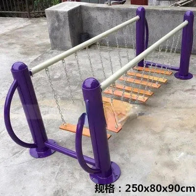 The Outdoor Steel Climbing Frame Swing is a charming piece of play equipment with purple metal posts and orange wooden planks, supported by chains. Its ideal for childrens sensory integration, featuring side handrails and dimensions of approximately 250x80x90 cm.