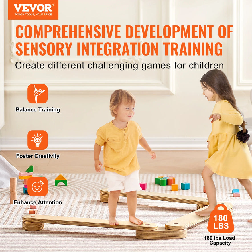 In a Montessori-inspired playroom, two children use the Wooden Toddler Balance Beam Stepping Stones for sensory integration and balance training. Colorful blocks and icons highlight creativity, attention enhancement, and developmental growth for kids ages 2-6.