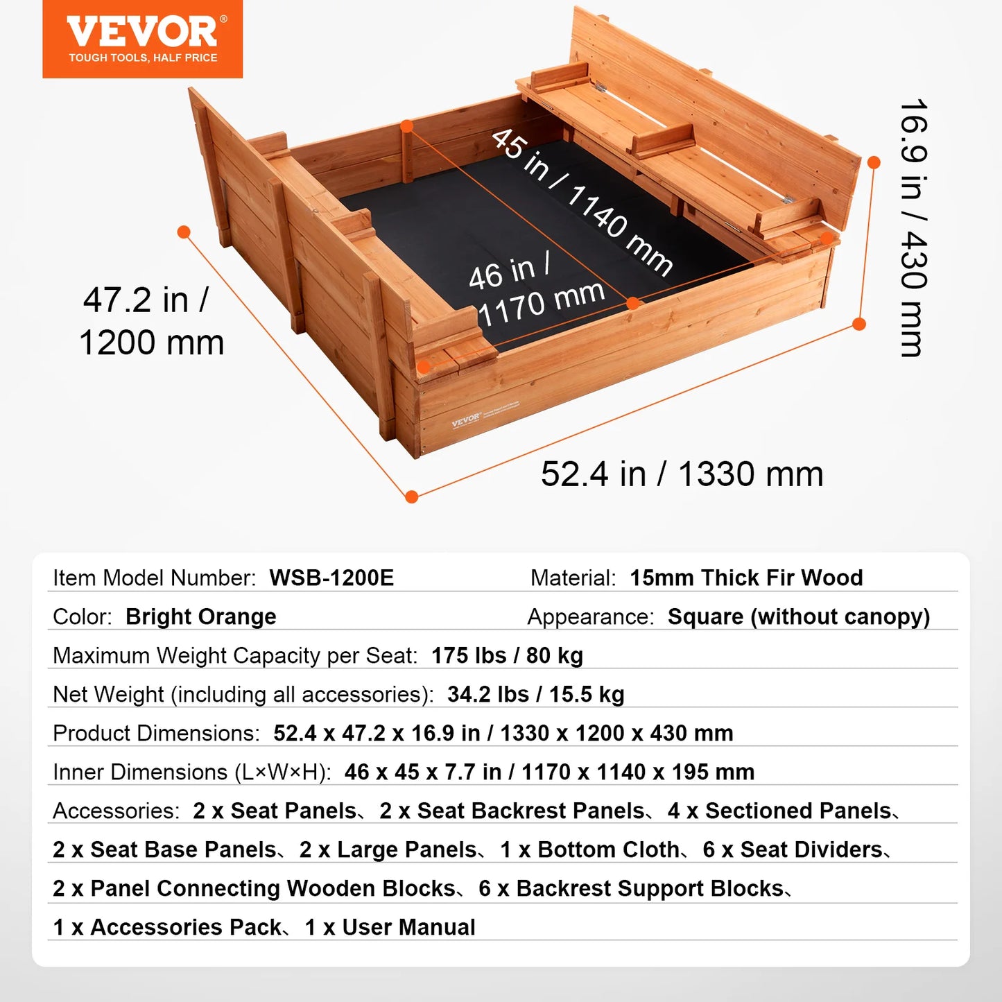 The SucceBuy Sandbox w/ Cover in Square no Roof is shown open, revealing compartments and 4 corner seats. Dimensions, labels, specs, material details, color info, and a hardware list for wood assembly are displayed.