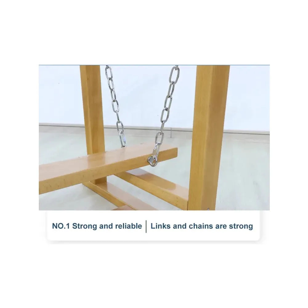 A wooden balance beam with a metal chain on top and bottom, labeled NO.1 Strong and reliable | Links and chains are strong, ideal for indoor use and sensory system training. Product: Indoor Wooden Balance Beam Sensory Training Toy for Children 3-12 Years.