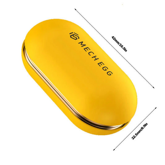 The Mech Egg EDC Fidget Slider is a yellow, oval-shaped metal fidget toy measuring 42.5mm x 22.5mm with a metallic seam and branding, designed for stress relief and ADHD support as an anti-anxiety office desk tool for adults.