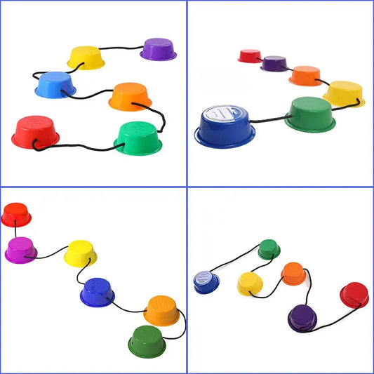 The product features four images of Montessori Colorful Balance Stones, resembling vibrant plastic buckets in red, blue, green, yellow, orange, and purple hues connected by ropes. These stones enhance developmental play through sensory integration when arranged in dynamic sequences.