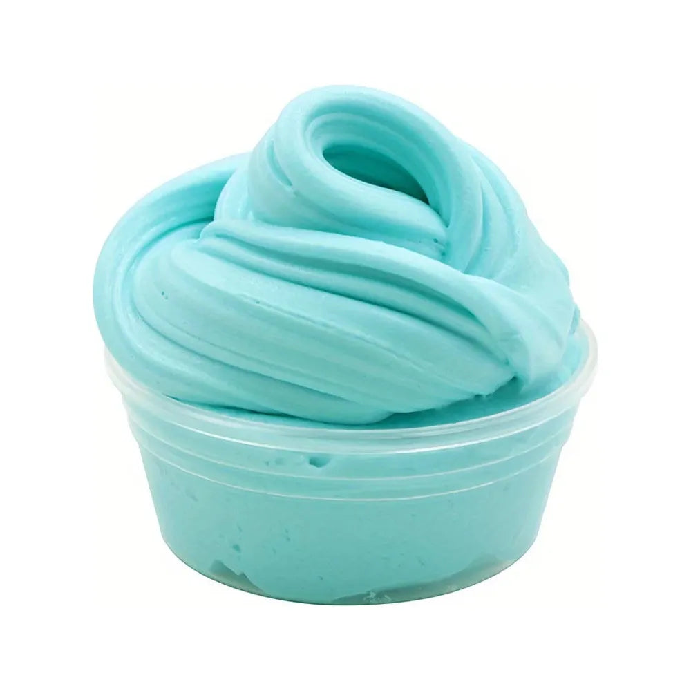 The Sensory 60ml Butter Slime features smooth, light blue non-sticky polymer putty in a small clear plastic container with a shiny, swirled pattern on top, perfect for mess-free fun and DIY creativity.