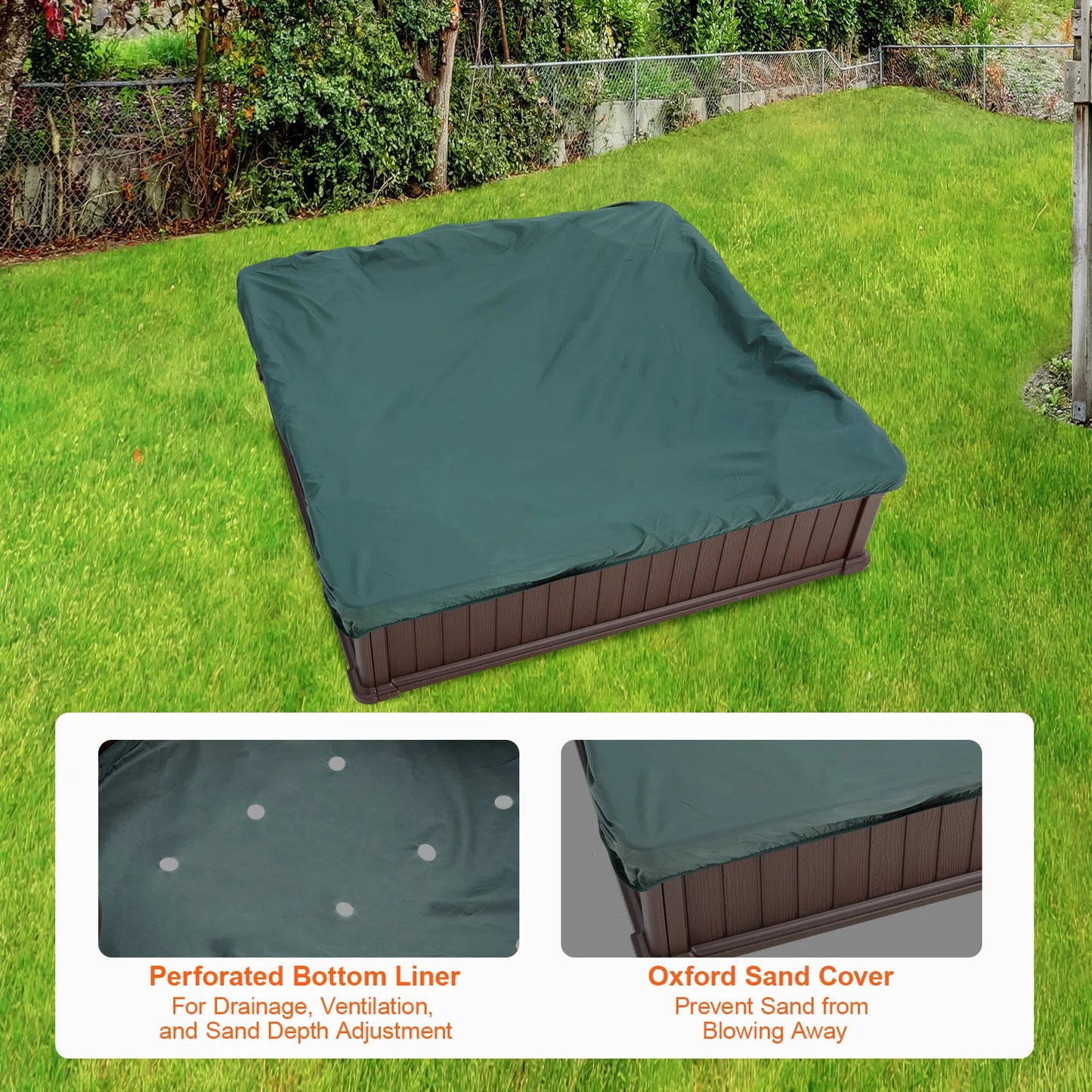 The SucceBuy Sandbox w/ Cover is a square sand pit with 4 corner seats, a perforated bottom liner for drainage, and a green Oxford cover. Shown assembled on grass with close-ups highlighting the liner and durable sand cover features.