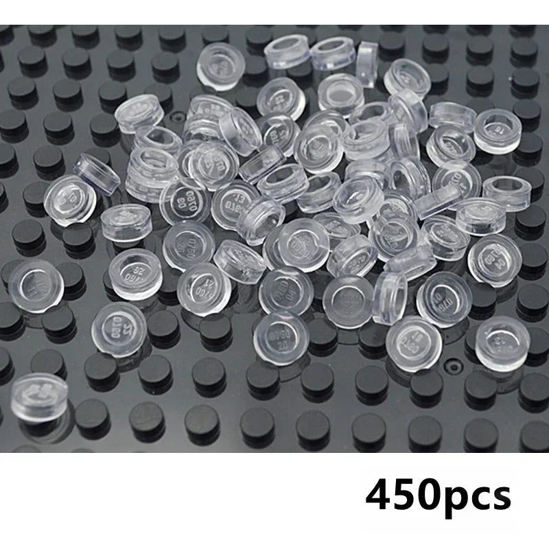 A pile of transparent white MOC bulk brick parts (1x1, 1x2, 1x4, 2x4), compatible with Lego, scattered on a black surface. 450pcs is noted in the bottom right corner.