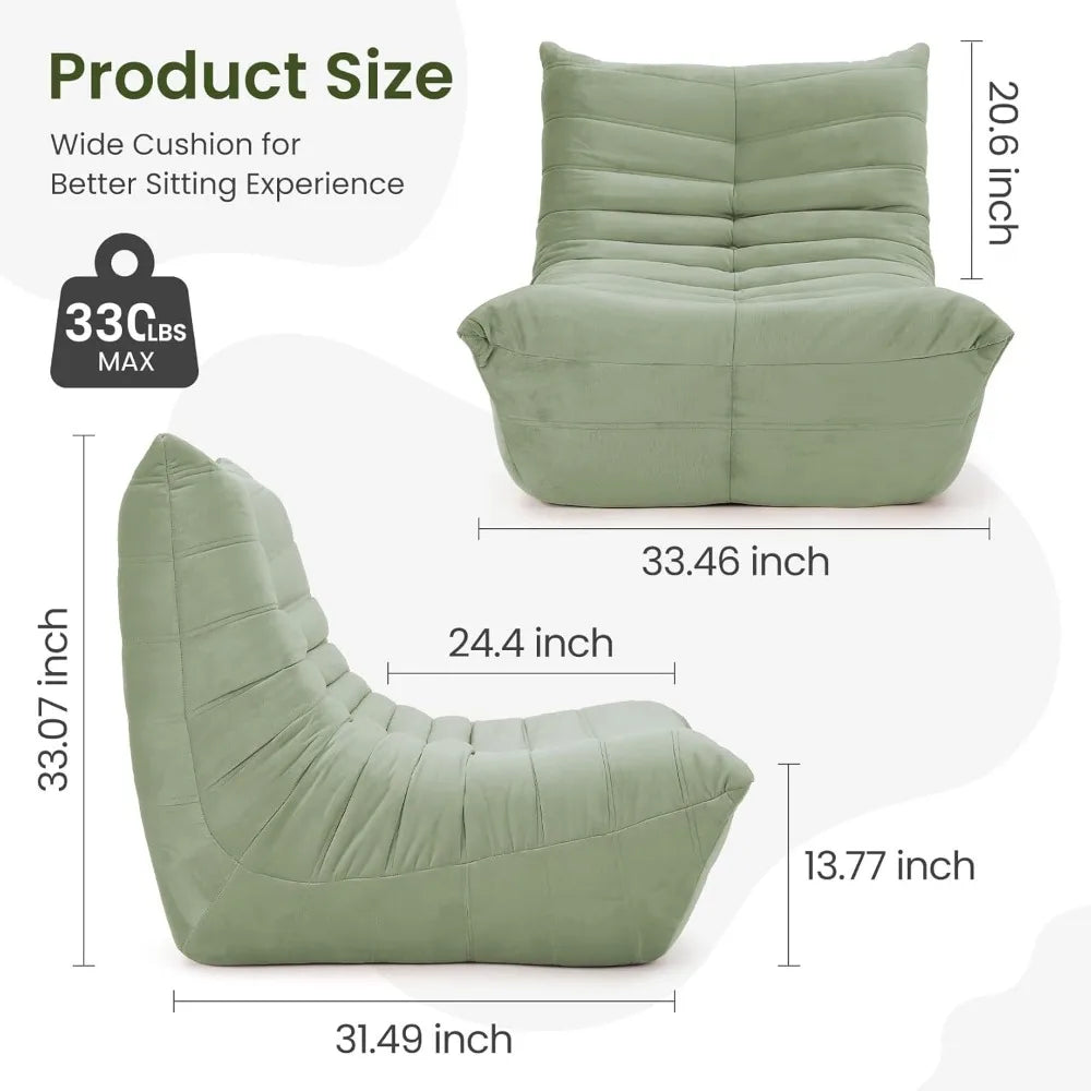 Fireside Chair Bean Bag for adults features a green armless suede design with a wide cushion for comfort. Dimensions: 33.46W x 31.49D x 33.07H; seat depth: 24.4, back height: 20.6, seat height: 13.77. Max weight: 330 lbs.