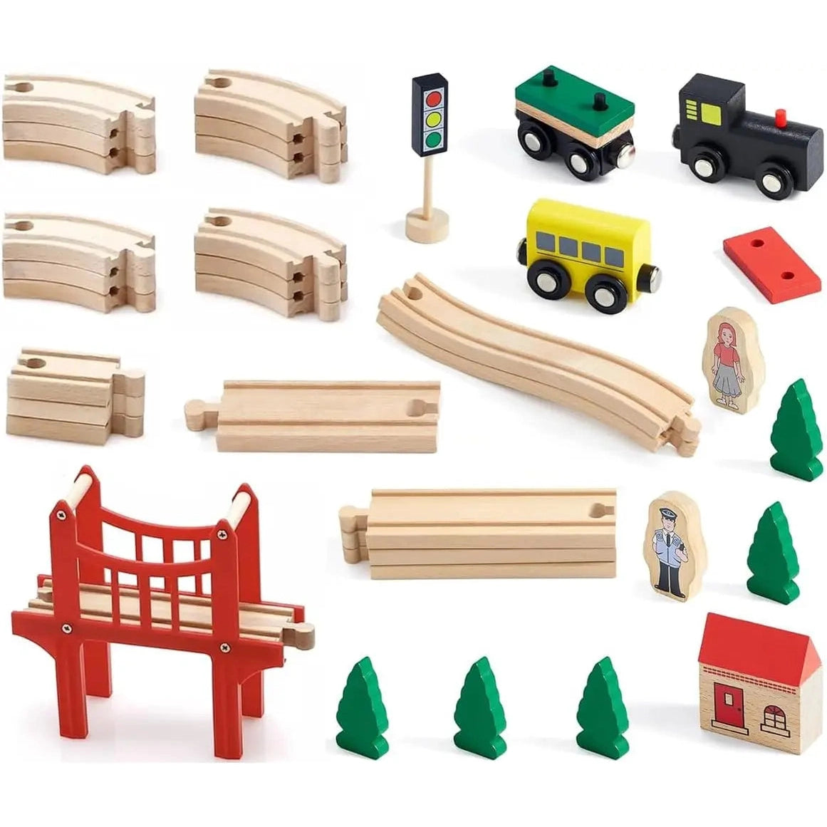 The Wooden Train Set - 39 Pieces features tracks, a red bridge, train cars, bus, traffic light, trees, house, and figures. Fits Thomas, Brio & more—no batteries needed for classic play for kids ages 7-12.