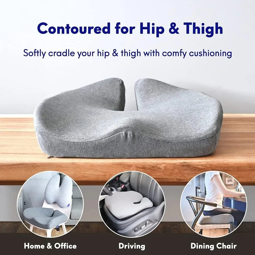 The Cushion Lab Patented Pressure Relief Seat Cushion is shown in gray, contoured memory foam on a wooden table. Smaller images reveal its use on a home chair, car seat, and dining chair, emphasizing comfort and versatility for long sitting hours.