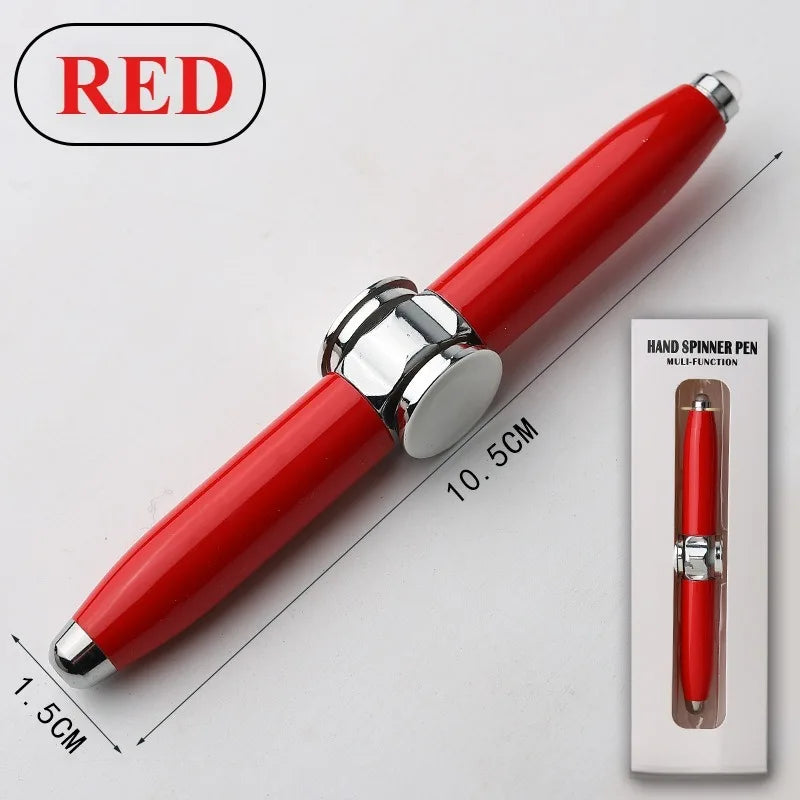 A set of 4 RED rechargeable metal fidget pens with LED and spinner, multi-functional office desk toys for anxiety relief and travel. Packaging labeled Hand Spinner Pen, RED noted in the top left corner.