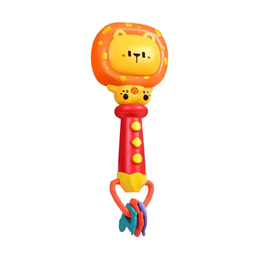 This red Musical Teething Rattle with LED Lights is an interactive learning toy featuring a lion design. It includes an orange and yellow face, red handle with yellow buttons, and colorful rings, making it perfect for little hands to explore in a playful cartoonish style.
