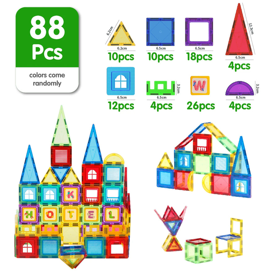 The Magplayer Magnetic Building Blocks set, featuring 88 colorful pieces including squares, rectangles, and triangles of various sizes, is perfect for creative play. Kids can build structures like houses with Hotel spelled on one creation. Ideal as a Montessori educational toy for boys and girls.