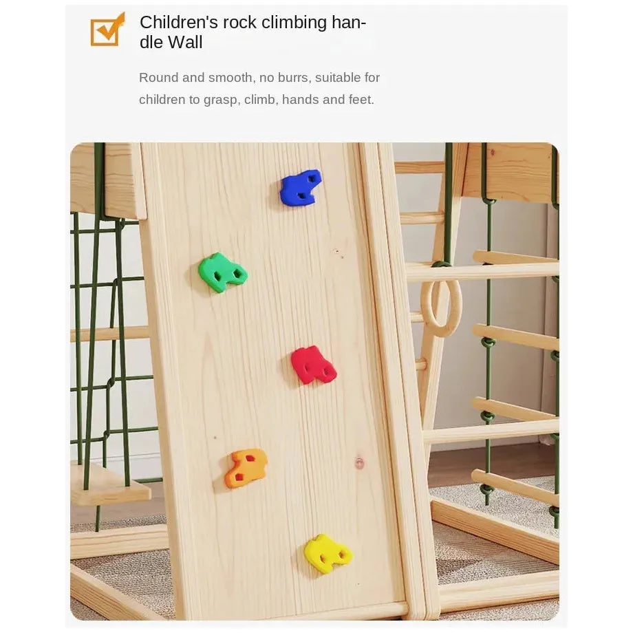 The Indoor Wooden Climbing Frame for Kids includes a solid wood climbing wall with colorful handholds in blue, red, yellow, and green. It features an engaging sensory playset with wooden and rope climbing apparatuses, promising endless fun in a simple indoor setting.