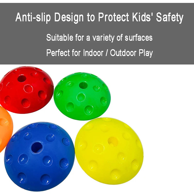 Montessori-Inspired Kids Balance Stepping Stones enhance motor skills and sensory integration with colorful dome-shaped design in red, green, yellow, and blue. Featuring a gray Anti-slip Design to Protect Kids Safety banner, theyre perfect for indoor/outdoor play on various surfaces.