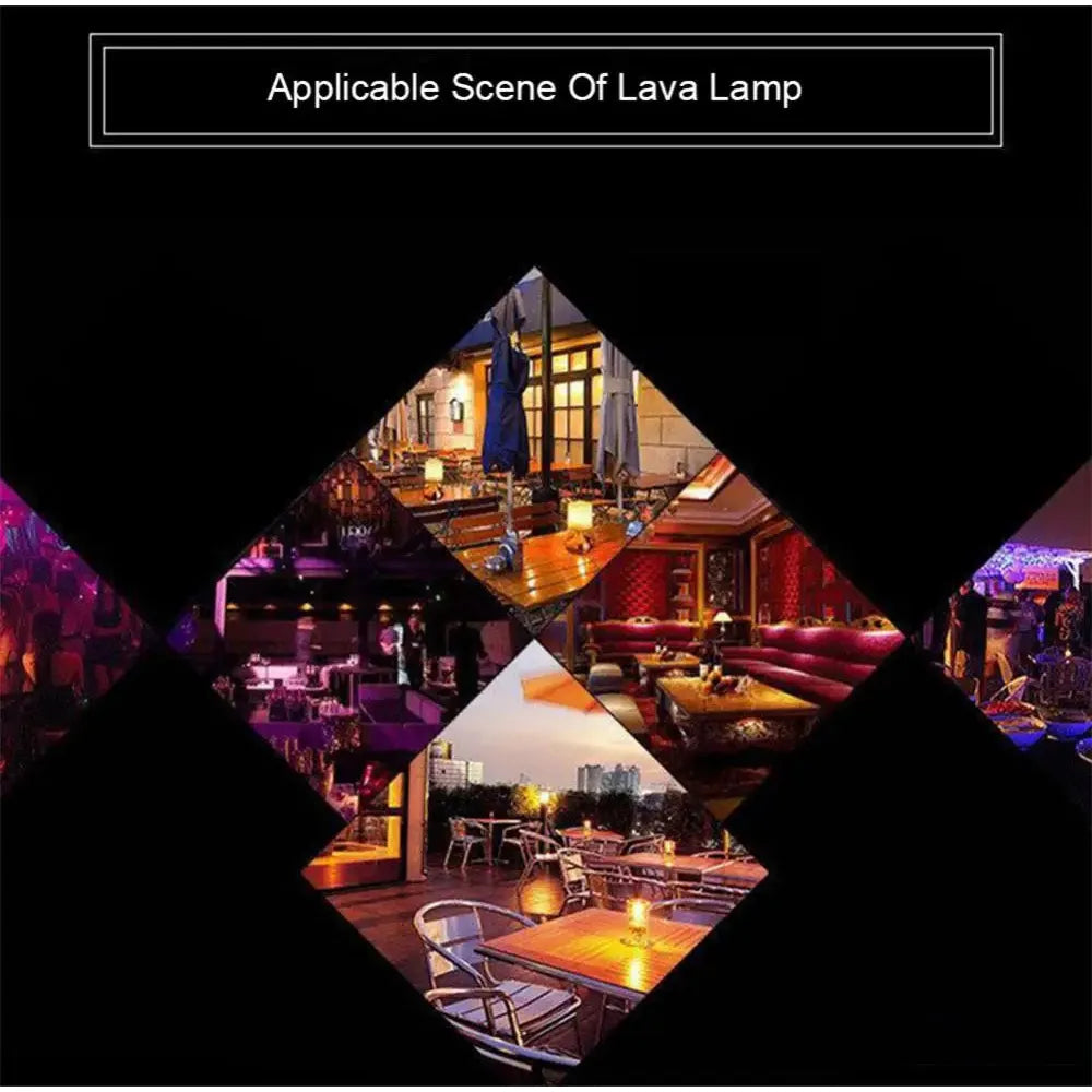 A collage featuring cozy spaces ideal for the Mesmerizing Jellyfish Lava LED Night Light, such as lounges, patios, and bars. With warm lighting creating an inviting ambiance, text at the top reads Applicable Scene Of Mesmerizing Jellyfish Lamp.