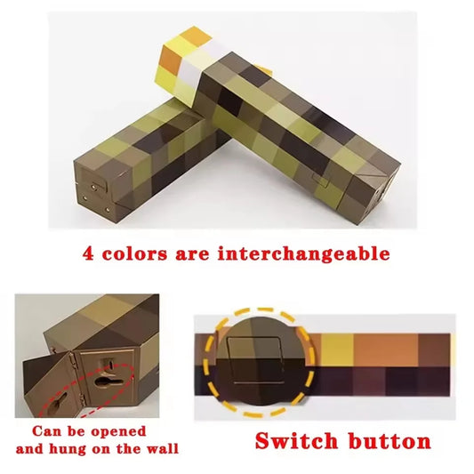 The MC Game Brownstone Torch Lamp is a rectangular, pixelated LED night light with brown, yellow, and green tones. It has 4 interchangeable colors, a switch button, USB charging, a buckle for hanging, and can be opened for display.