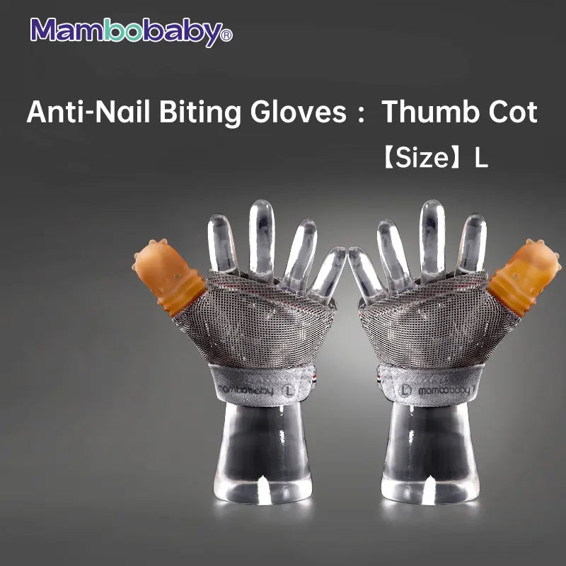 The Mambobaby Anti-Nail Biting Gloves for kids, size L, features mesh material and silicone cots to deter nail-biting. They are beige and showcased on transparent hands against a dark background.