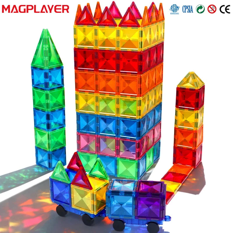The vibrant Montessori Magnetic Building Blocks Set, featuring two towers and carriages in red, orange, yellow, green, blue, and purple tiles, encourages interactive learning and play. The logo is on the top left corner.