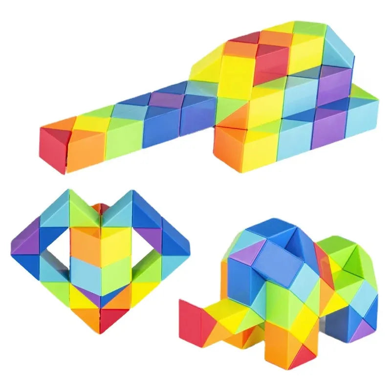 The Rainbow Transformable Fidget Snake Cube, an engaging brain teaser for all ages with 24/48 segments, forms colorful 3D shapes like a diamond, house, and tank using interlinked blocks in vibrant colors such as red, yellow, blue, and green.