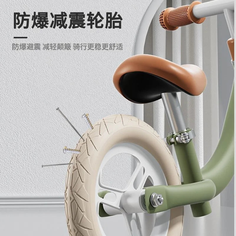 The Magnesium Alloy Toddler Balance Bike for ages 3-12 features 12-inch wheels with cream tires that stay inflated even with nails, showcasing puncture resistance. It has a brown seat, beige grips, and displays Chinese text above.
