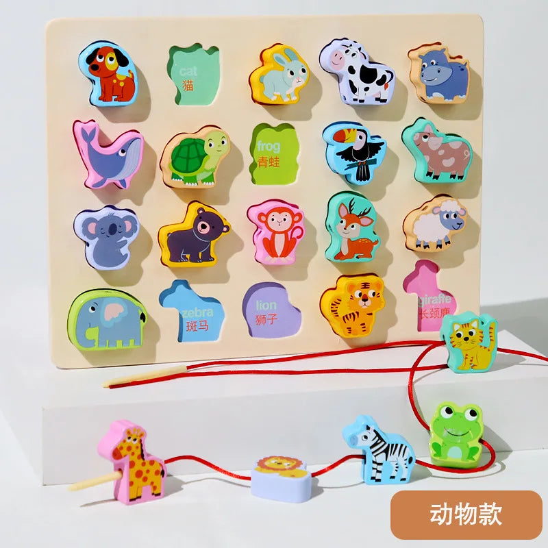 The New Children Wooden Toys set is an educational animal-style puzzle board with colorful pieces, including a cat, dog, and giraffe. Each piece features text in English and another language and includes red string for threading fun. Ideal for imaginative play.