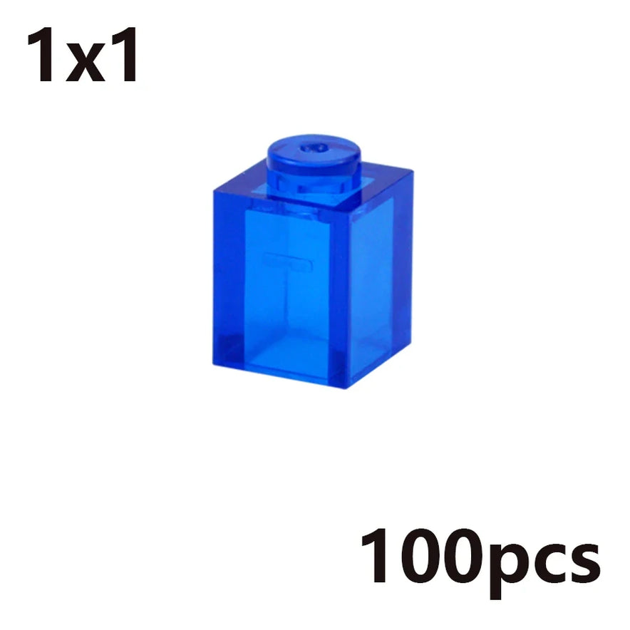 The MOC Transparent Bulk Brick Set features 100pcs of 1x1 clear dark blue bricks, compatible with Lego, ideal for building block wall panels and house parts.