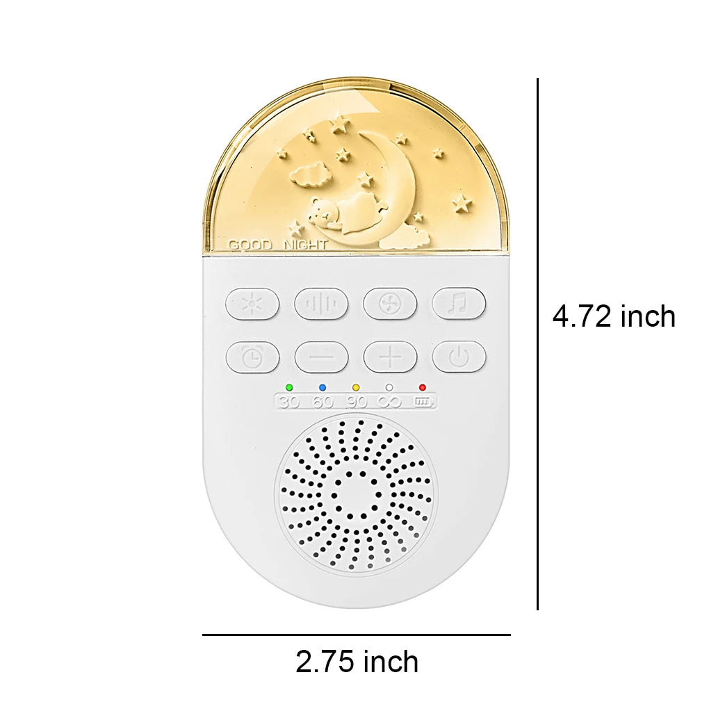 The Travel-Friendly White Noise Machine with Soothing Sounds and Night Light for Sleep and Relaxation features a crescent moon and stars design, control buttons, timer settings, and a bottom speaker. Measuring 2.75 inches wide by 4.72 inches tall, its portable design is ideal for travel or home use.