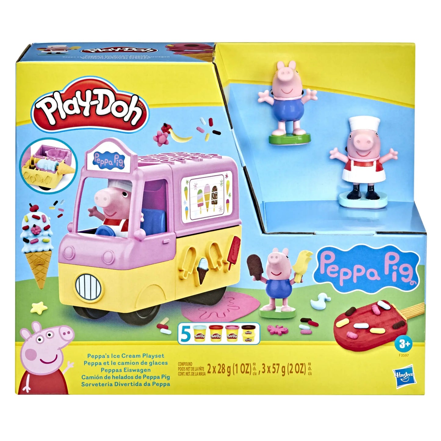 The Play-Doh Peppas Ice Cream Playset is a colorful box perfect for kids 3+ and includes cartoon Peppa Pig figures, an ice cream truck, and fun components.