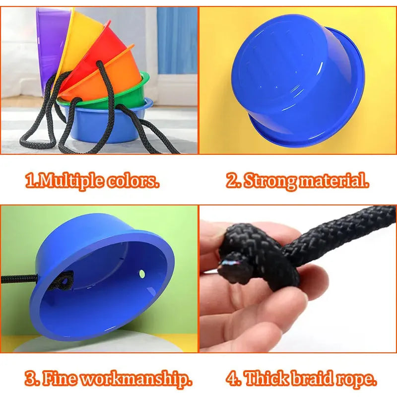 Four images of Montessori Colorful Balance Stones for Sensory Play and Developmental Training: Top left shows vibrant stacked cones; top right, a single blue cone; bottom left, a close-up of craftsmanship for developmental play; bottom right, a hand holds a thick braided rope for sensory integration.