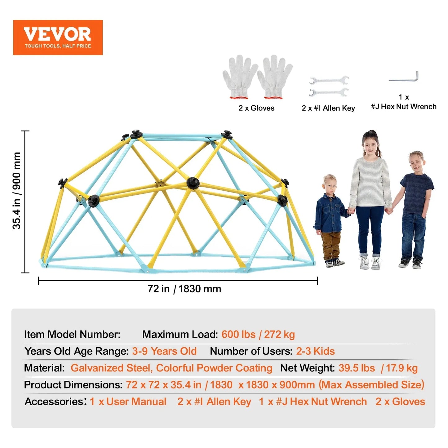 The VEVOR Geometric Dome Climber with Hammock Swing features a geometric design in blue and yellow, shown with three children and two adults. It supports up to 600 lbs, perfect for backyard fun. The branding is in the top left, assembly tools are depicted, and dimensions/specifications are included.
