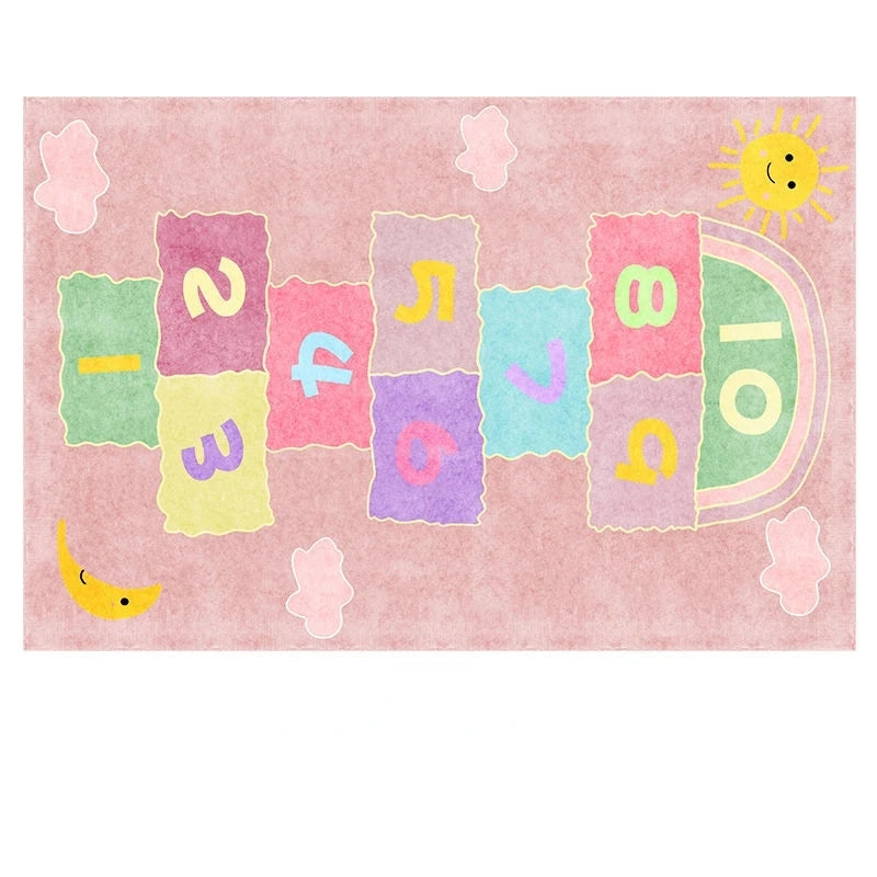 The Childrens Play Hopscotch Carpet in color 08 features a pink geometric pattern with numbers 1-10, playful fonts, and cute cloud, sun, and moon designs—an anti-slip rug that adds charm to any living room or kids space.