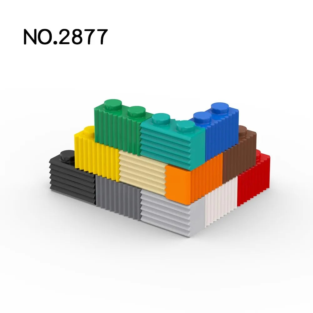 A set of 50 MOC Parts 2877 Brick Modified 1x2 with Grille Fluted Profile, compatible with Lego. Comes in random colors and is perfect for developing fine motor skills. The text NO.2877 appears in the top left corner.