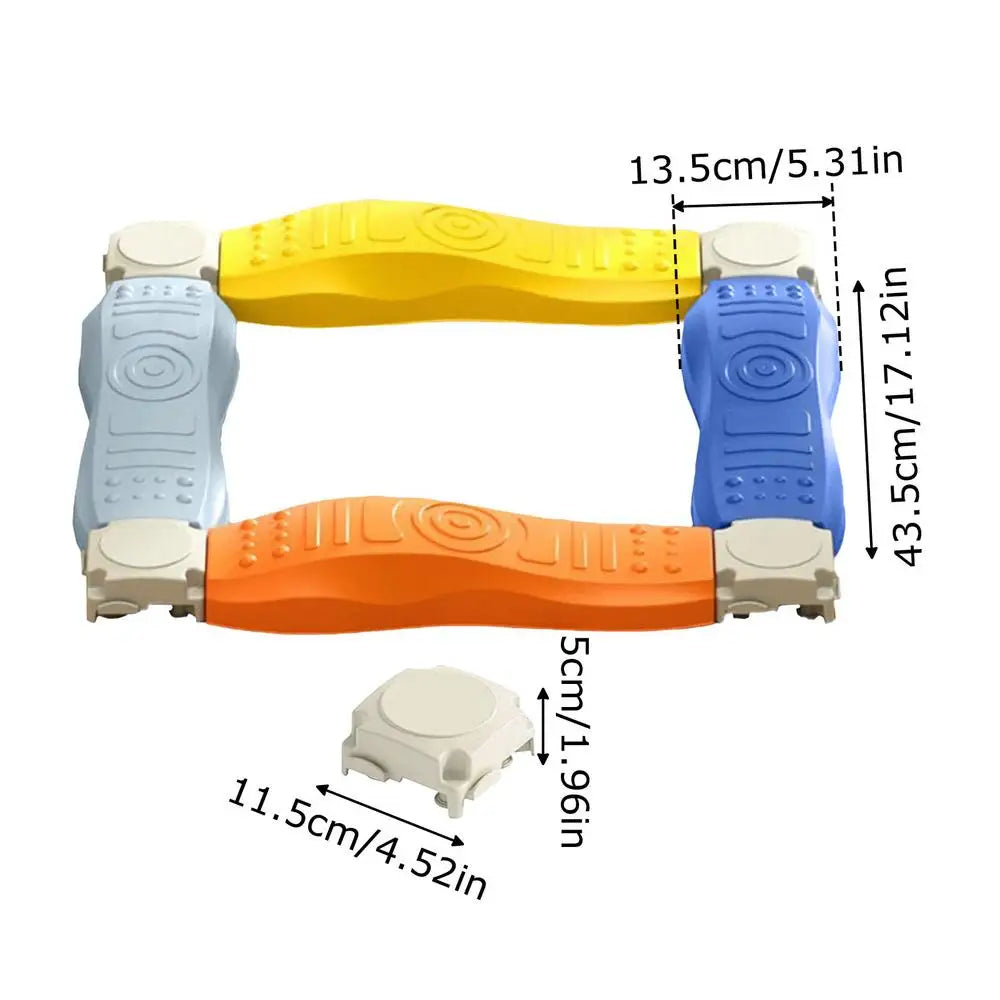 The Sensory Balance Beam Training Board for Kids is a stability enhancer toy featuring stackable, textured grips in blue, orange, yellow, and gray. It forms a square shape with labeled dimensions for a precise fit and includes a round component at the bottom.