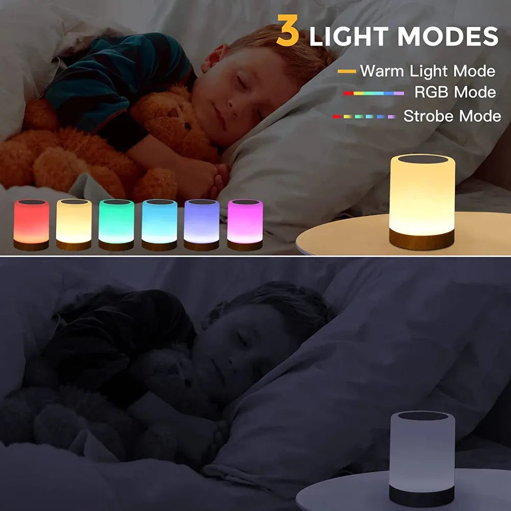 A child sleeps soundly with a teddy bear under the Portable Touch-Sensitive LED Night Light, which offers Warm and RGB modes. The top half showcases seven vibrant colors with three modes: Warm, RGB, and Strobe, while the bottom half provides a cozy glow in a dim setting.