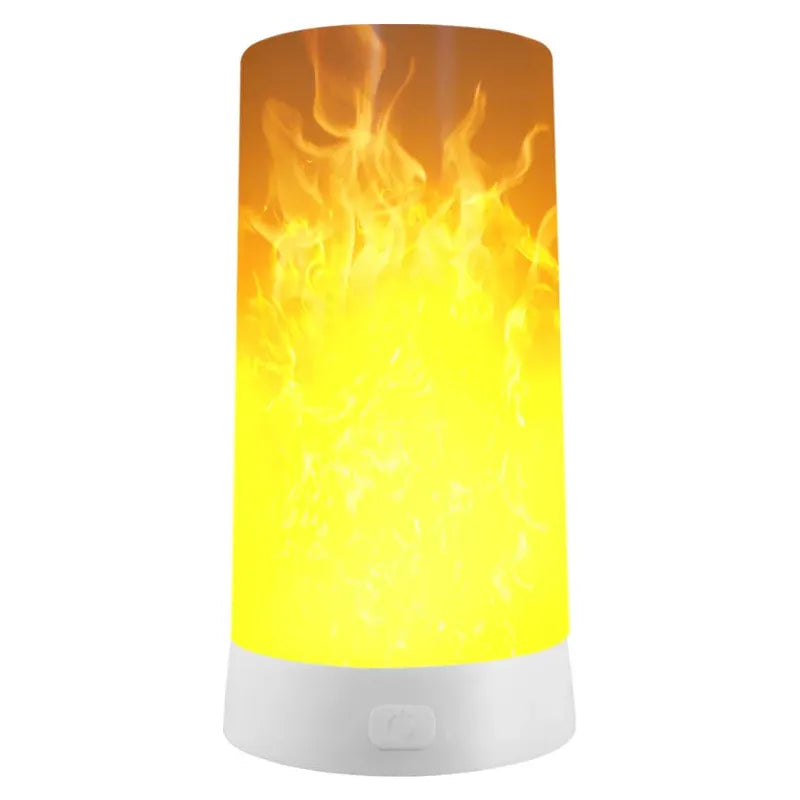 The Simulated Flame LED Night Light features a cylindrical shape with a white base, offering realistic flame simulation in orange and yellow hues. It creates the illusion of contained fire, providing a warm and cozy ambiance suitable for versatile use in any setting.