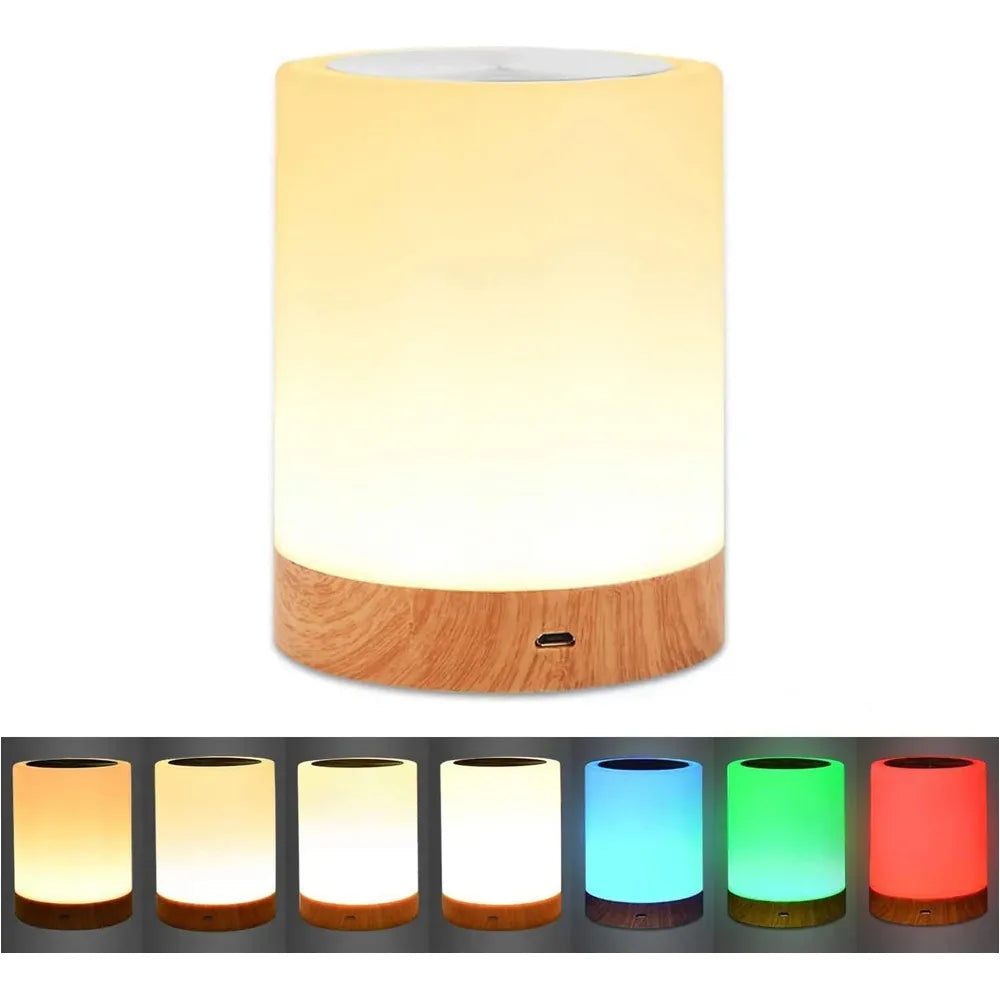 The Portable Touch-Sensitive LED Night Light features a wooden base and displays colors like orange, warm yellow, and cyan in preview images. This rechargeable lamp includes a USB port at the bottom for convenience.
