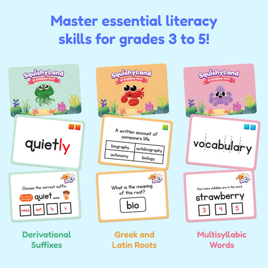 Squishyland Grades 3–5 Expansion Card Packs feature three columns of learning cards with cartoon sea creatures above exercises for derivational suffixes, Greek and Latin roots, and multisyllabic word reading.