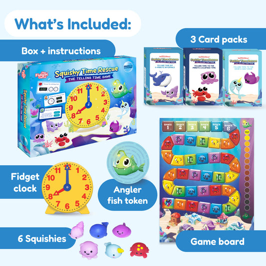 Squishy Time Rescue Telling Time Game components, including an analog clock, game board, three card packs, an angler fish token, and six small sea creature figures.