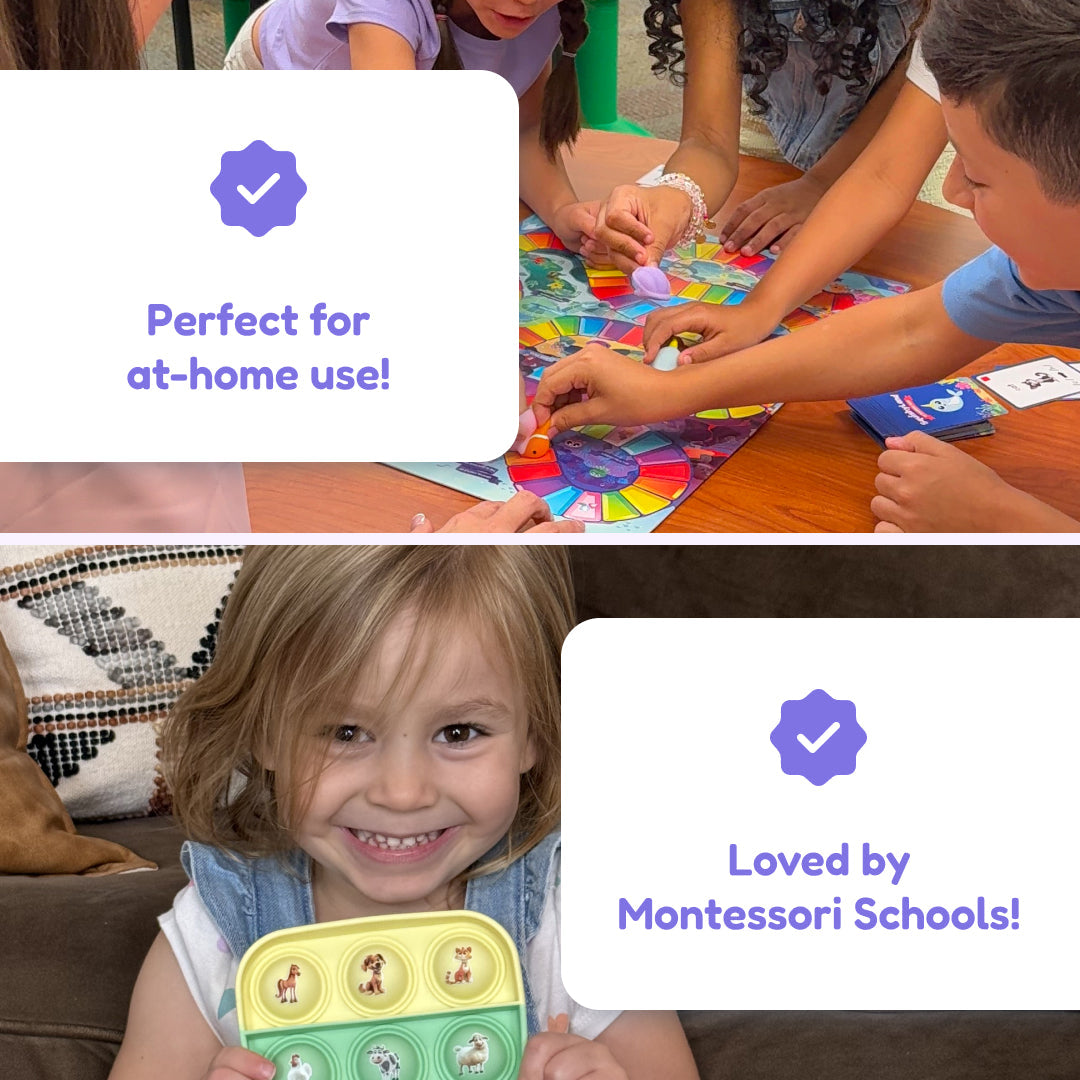 Children play a colorful board game, while another child holds a Squishyland + Popplers Bundle, a silicone fidget toy featuring animal pictures for learning games.