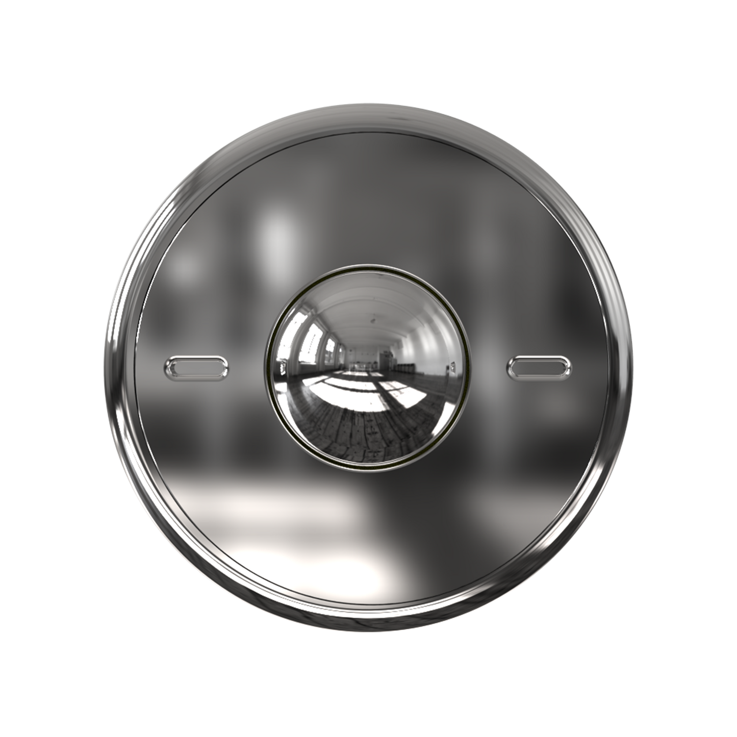 A shiny, circular ONO Scroller Steel with a central raised dome reflects a room with windows and furniture. Two small horizontal slots are located on each side of the dome.