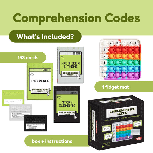 Super Reader Game Bundle featuring a deck of 153 prompt cards, three topic card boxes, a colorful grid fidget mat, and the boxed kit designed for young readers.