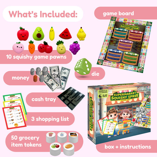Supermarket Squishy Spree Money Game kit featuring ten squishy fruit and vegetable pawns, play money, a cash tray, three shopping list cards, 50 grocery tokens, a die, a game board, and instructions for counting dollars and coins.